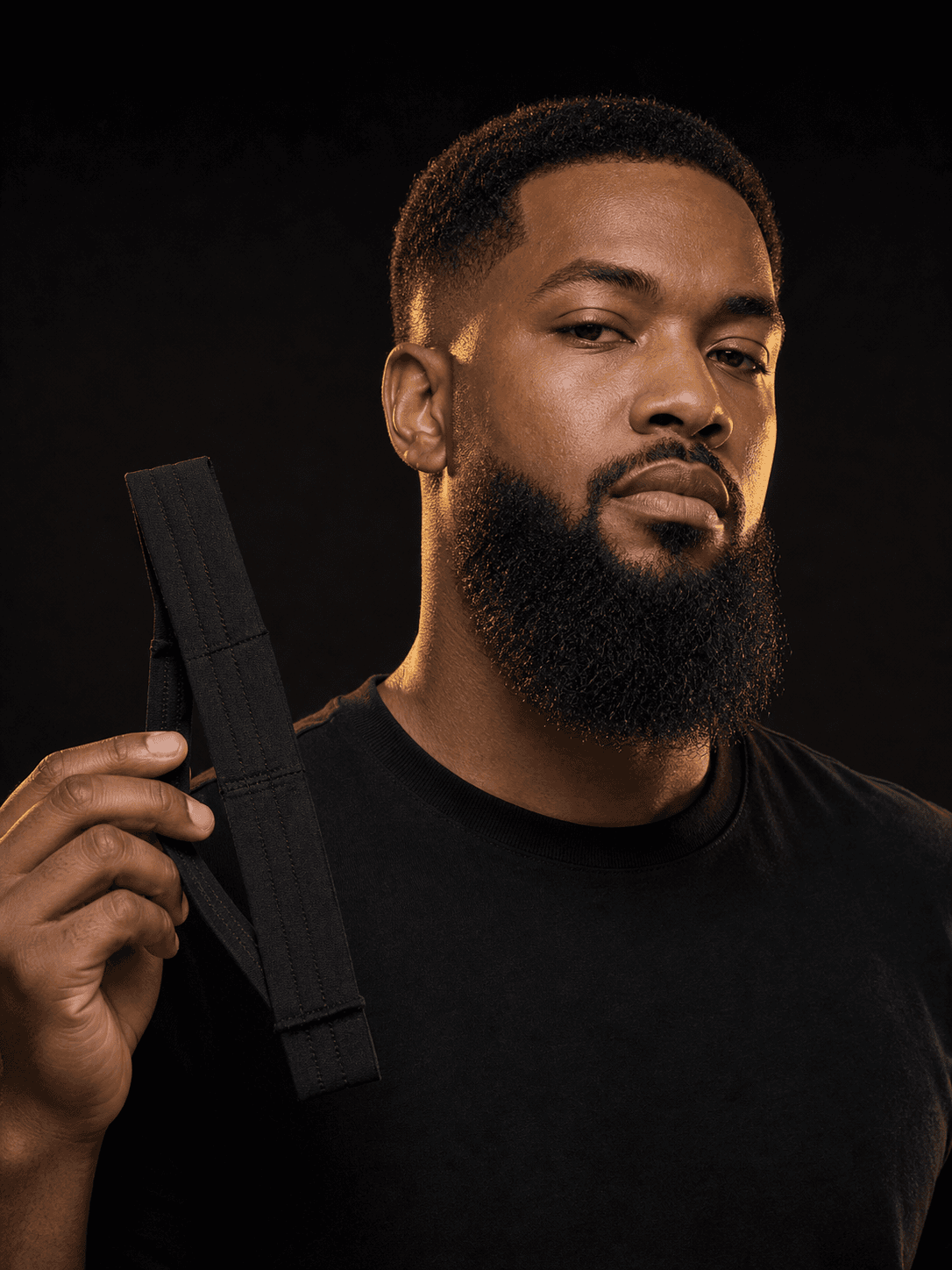 Professional model revealing a clean beard line while holding the BeardBand